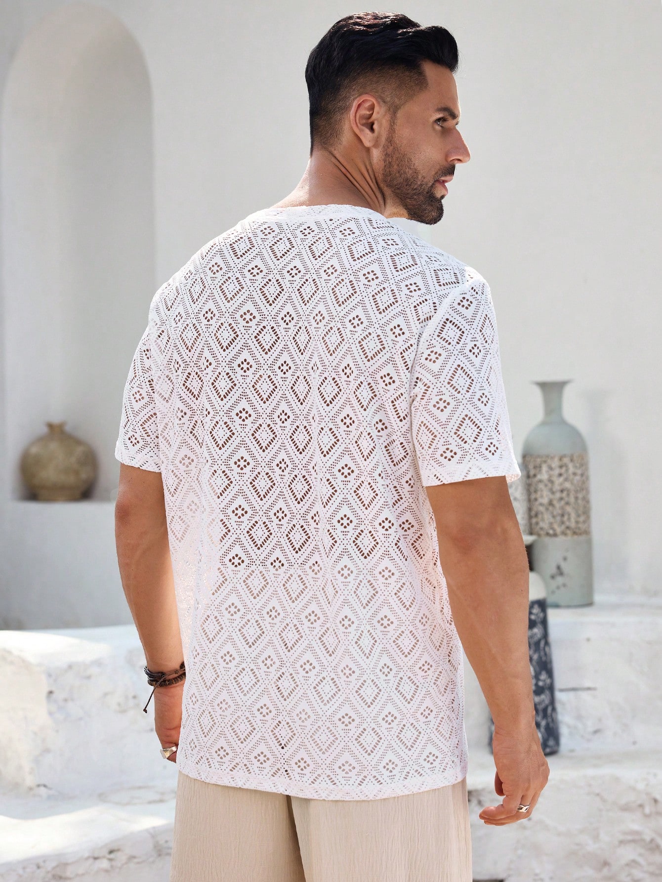 Manfinity KASUA Men??s Knitted Breathable Casual Vacation Daily Wear Soft Comfortable Beige T-Shirt - Image 5