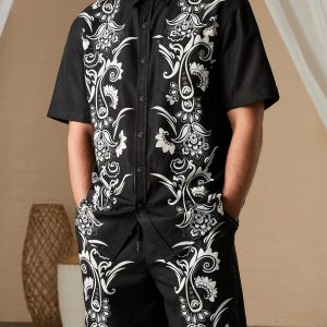 Manfinity KASUA Men Printed Short Sleeve Shirt With Lapel And Front Buttons, Matched With Pocket Shorts, Summer Casual Outfits