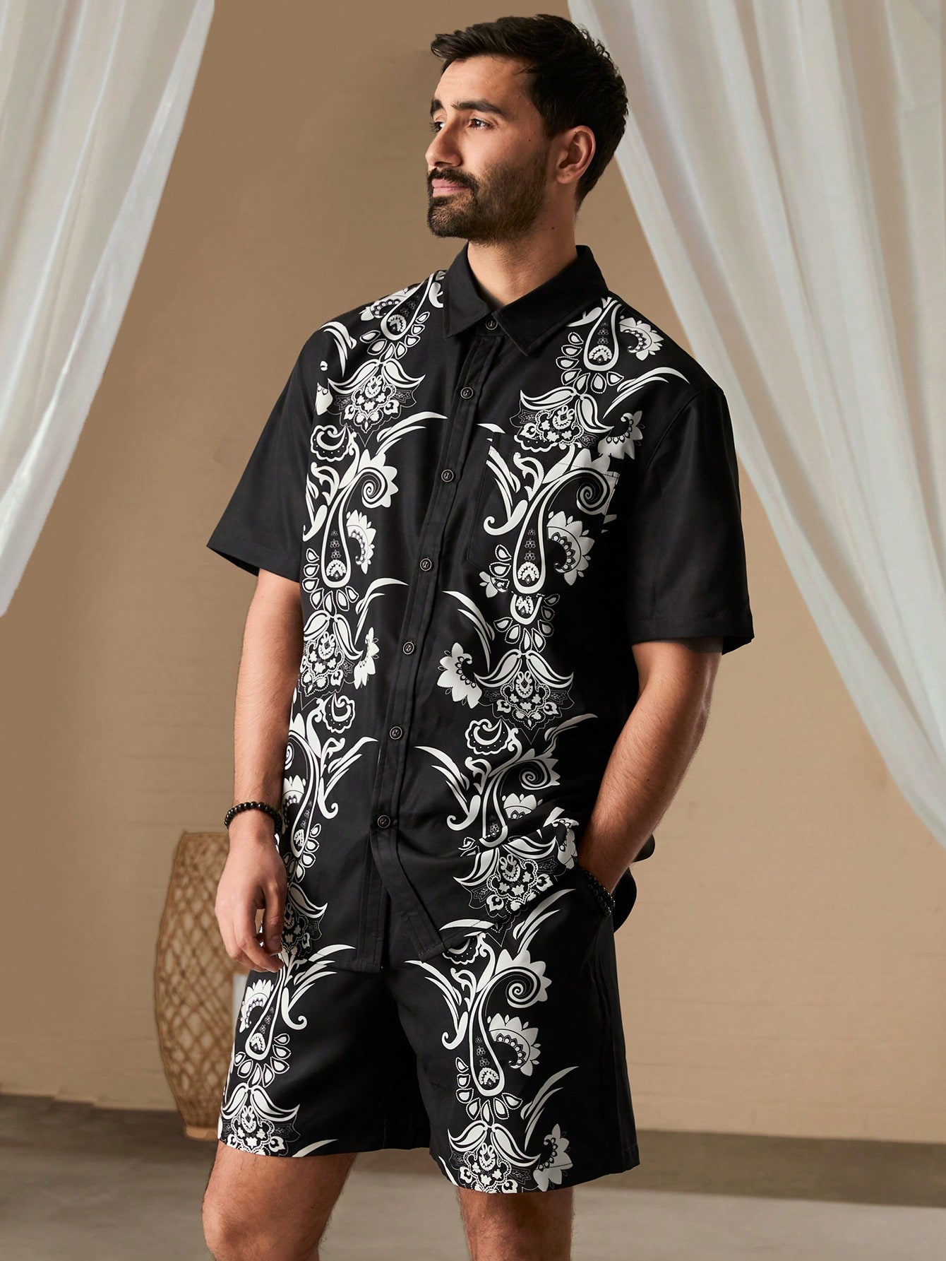 Manfinity KASUA Men Printed Short Sleeve Shirt With Lapel And Front Buttons, Matched With Pocket Shorts, Summer Casual Outfits - Image 5