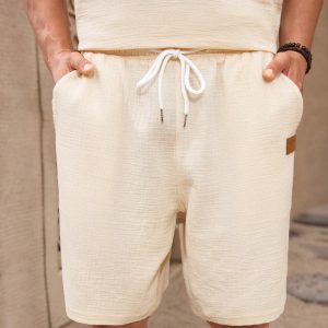 Manfinity KASUA 2pcs Men Solid Applique V-Neck Short Sleeve Shirt And Pocket Shorts Casual Outfit - Image 3