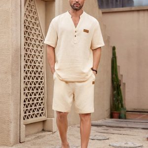Manfinity KASUA 2pcs Men Solid Applique V-Neck Short Sleeve Shirt And Pocket Shorts Casual Outfit - Image 5