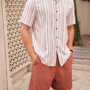 Manfinity KASUA 2pcs Men??s Button-Down Short Sleeve Striped Shirt Top And Pocket Casual Shorts Set