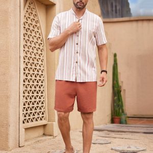 Manfinity KASUA 2pcs Men??s Button-Down Short Sleeve Striped Shirt Top And Pocket Casual Shorts Set - Image 4