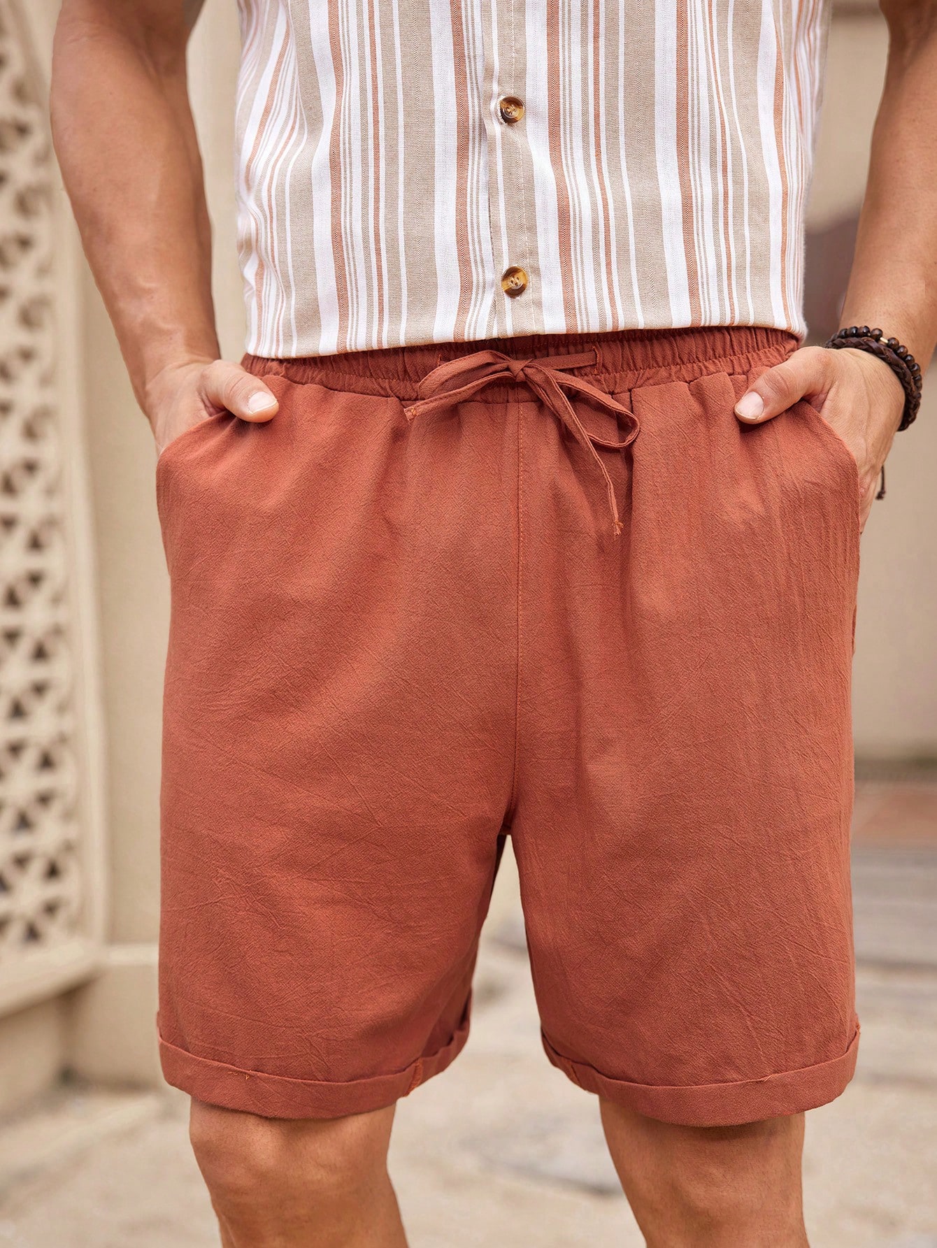 Manfinity KASUA 2pcs Men??s Button-Down Short Sleeve Striped Shirt Top And Pocket Casual Shorts Set - Image 5