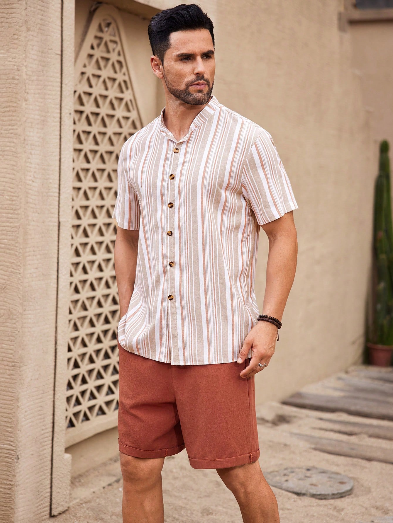 Manfinity KASUA 2pcs Men??s Button-Down Short Sleeve Striped Shirt Top And Pocket Casual Shorts Set - Image 6