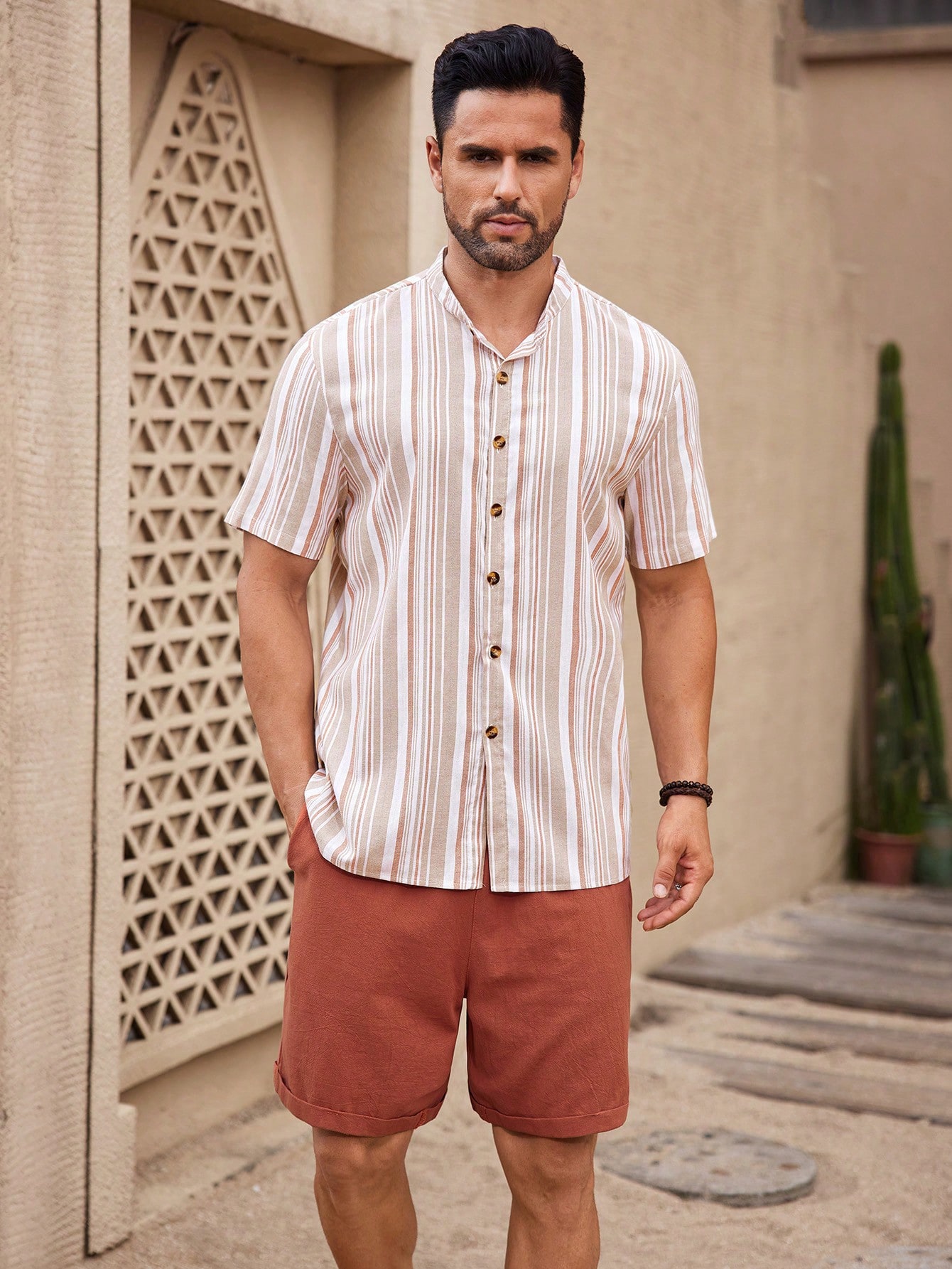 Manfinity KASUA 2pcs Men??s Button-Down Short Sleeve Striped Shirt Top And Pocket Casual Shorts Set - Image 7