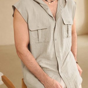 Manfinity KASUA Men??s Summer Solid Color Workwear Hooded Short Sleeve Casual Shirt With Pockets - Image 5