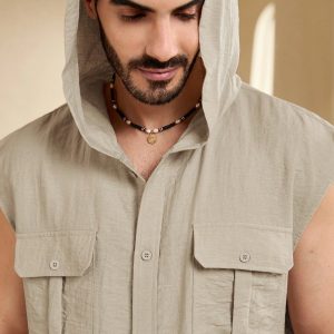 Manfinity KASUA Men??s Summer Solid Color Workwear Hooded Short Sleeve Casual Shirt With Pockets - Image 6