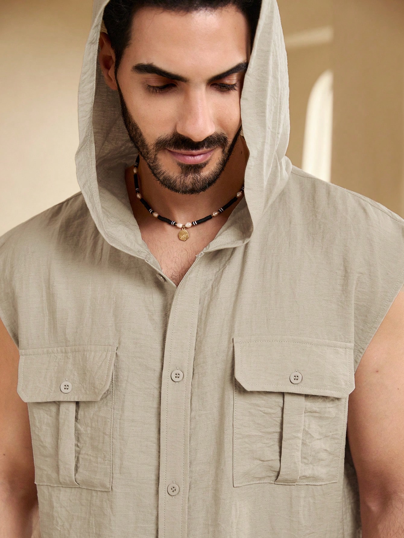 Manfinity KASUA Men??s Summer Solid Color Workwear Hooded Short Sleeve Casual Shirt With Pockets - Image 6