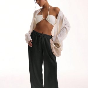 MUSERA Textured Linen Feel Tie Waist Trouser - Image 4