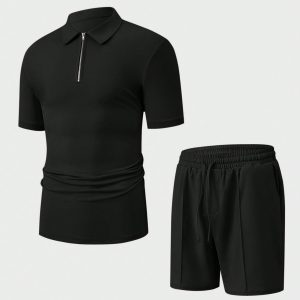 Manfinity KASUA Men??s Solid Color Half-Placket Zipper Short Sleeve Polo T-Shirt And Drawstring Waist Shorts Set, Summer - Image 13