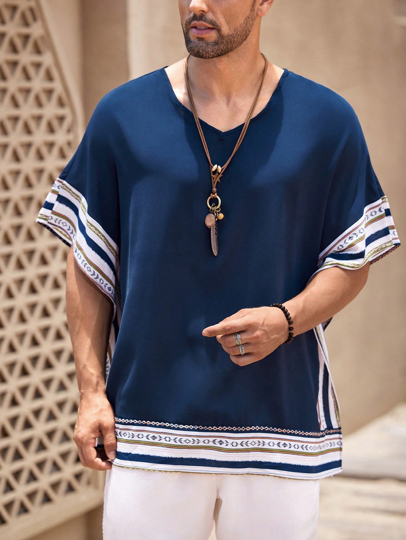 Manfinity KASUA Men??s Vintage Style Patchwork Print Round Neck Short Sleeve Shirt - Image 3