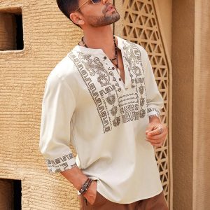 Manfinity KASUA Men??s Fashion Printed Mid Length Sleeve V Neck Shirt , Long Button Up Collar Graphic Colorful Khaki Going Out