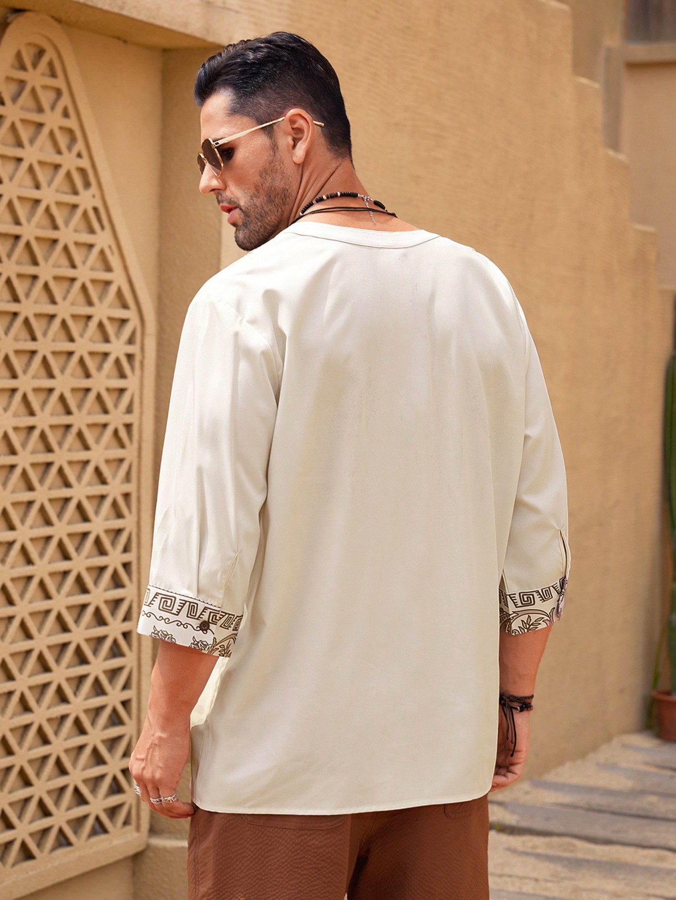 Manfinity KASUA Men??s Fashion Printed Mid Length Sleeve V Neck Shirt , Long Button Up Collar Graphic Colorful Khaki Going Out - Image 2