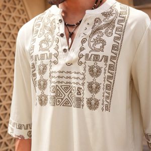 Manfinity KASUA Men??s Fashion Printed Mid Length Sleeve V Neck Shirt , Long Button Up Collar Graphic Colorful Khaki Going Out - Image 3