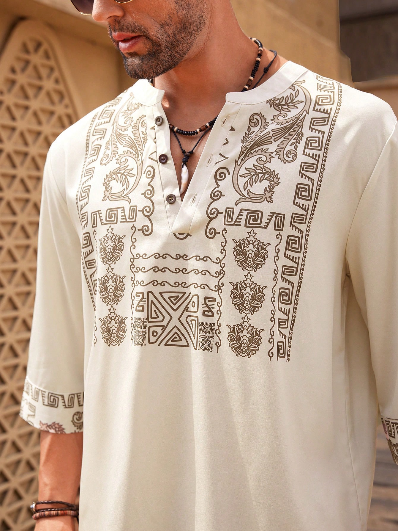 Manfinity KASUA Men??s Fashion Printed Mid Length Sleeve V Neck Shirt , Long Button Up Collar Graphic Colorful Khaki Going Out - Image 3