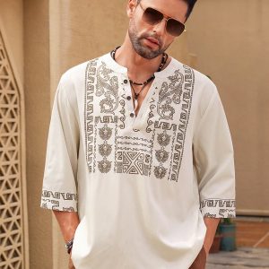 Manfinity KASUA Men??s Fashion Printed Mid Length Sleeve V Neck Shirt , Long Button Up Collar Graphic Colorful Khaki Going Out - Image 4