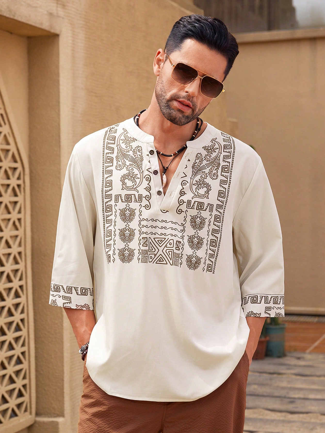 Manfinity KASUA Men??s Fashion Printed Mid Length Sleeve V Neck Shirt , Long Button Up Collar Graphic Colorful Khaki Going Out - Image 4