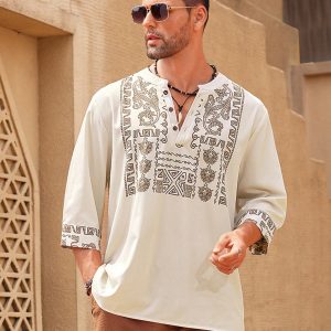 Manfinity KASUA Men??s Fashion Printed Mid Length Sleeve V Neck Shirt , Long Button Up Collar Graphic Colorful Khaki Going Out - Image 5