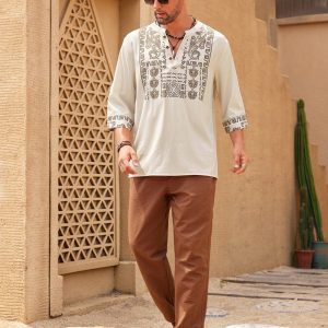 Manfinity KASUA Men??s Fashion Printed Mid Length Sleeve V Neck Shirt , Long Button Up Collar Graphic Colorful Khaki Going Out - Image 6
