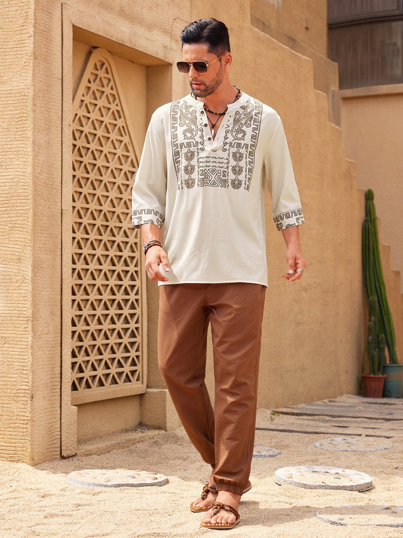 Manfinity KASUA Men??s Fashion Printed Mid Length Sleeve V Neck Shirt , Long Button Up Collar Graphic Colorful Khaki Going Out - Image 6