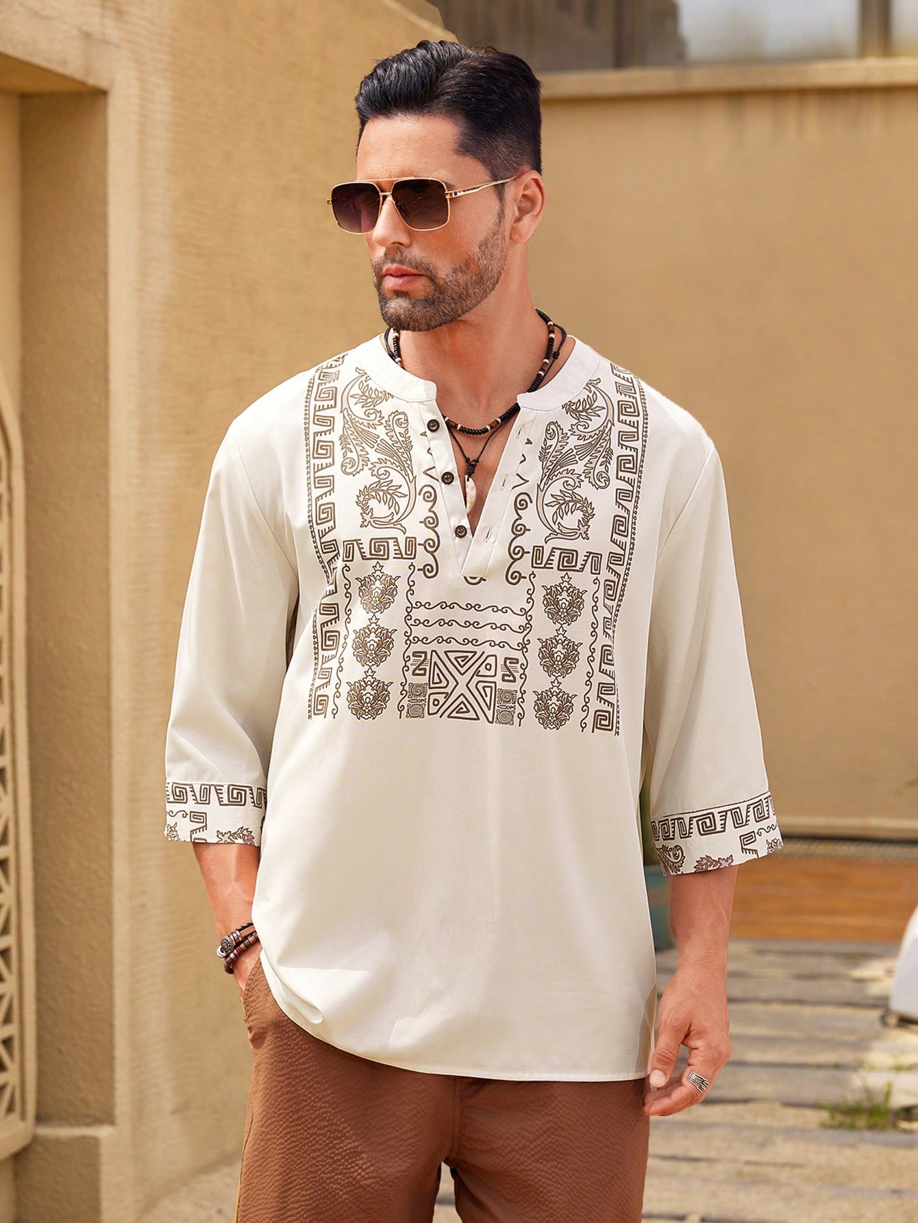 Manfinity KASUA Men??s Fashion Printed Mid Length Sleeve V Neck Shirt , Long Button Up Collar Graphic Colorful Khaki Going Out - Image 7