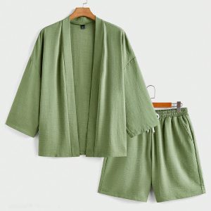 Manfinity KASUA Men??s Solid Color Minimalistic Long Sleeve Shirt And Shorts Set, Casual Wear