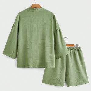 Manfinity KASUA Men??s Solid Color Minimalistic Long Sleeve Shirt And Shorts Set, Casual Wear - Image 2