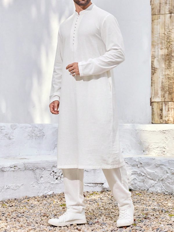 Manfinity KASUA Men??s White Stand Collar Partial Button Front Long Sleeve Shirt