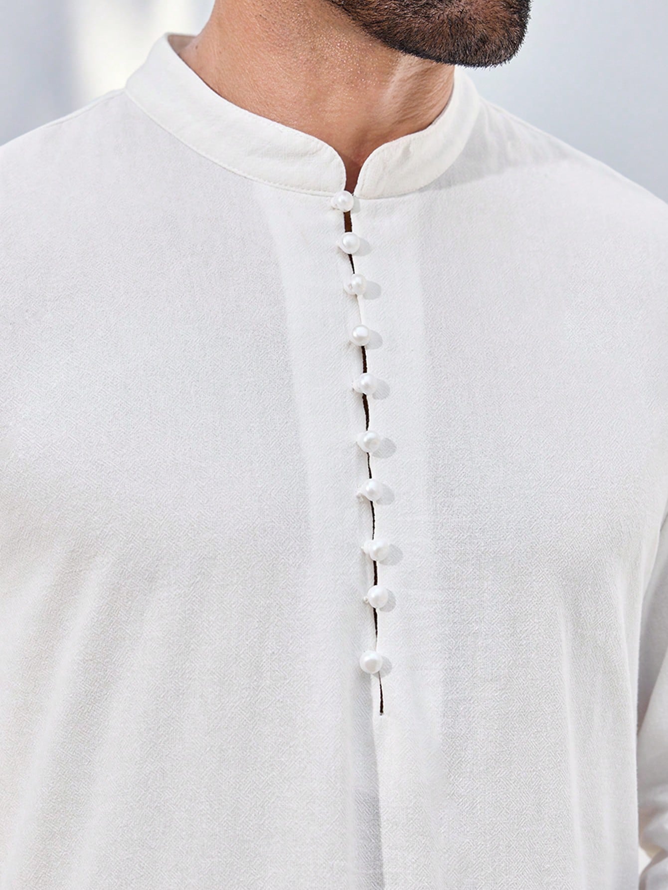 Manfinity KASUA Men??s White Stand Collar Partial Button Front Long Sleeve Shirt - Image 2