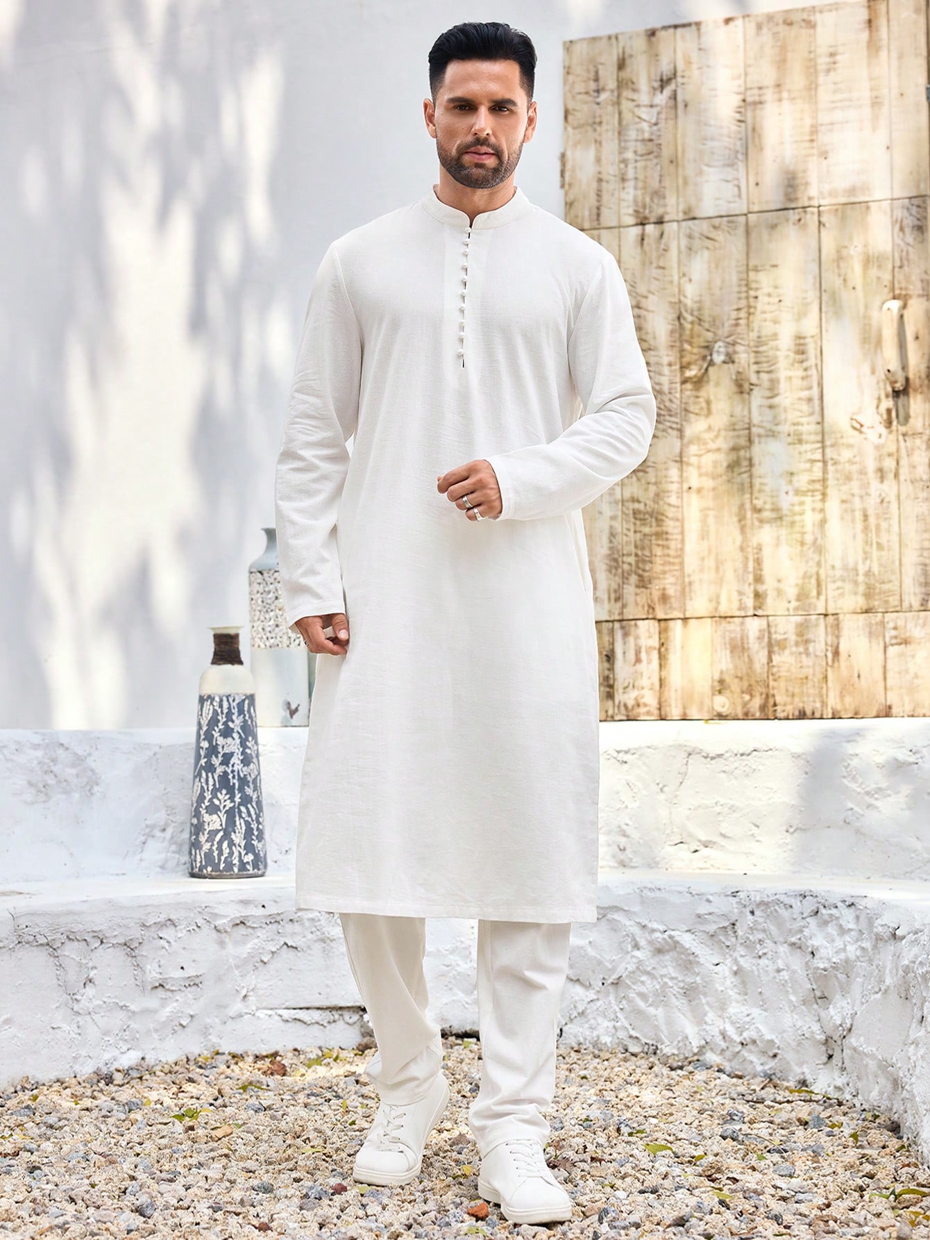 Manfinity KASUA Men??s White Stand Collar Partial Button Front Long Sleeve Shirt - Image 3