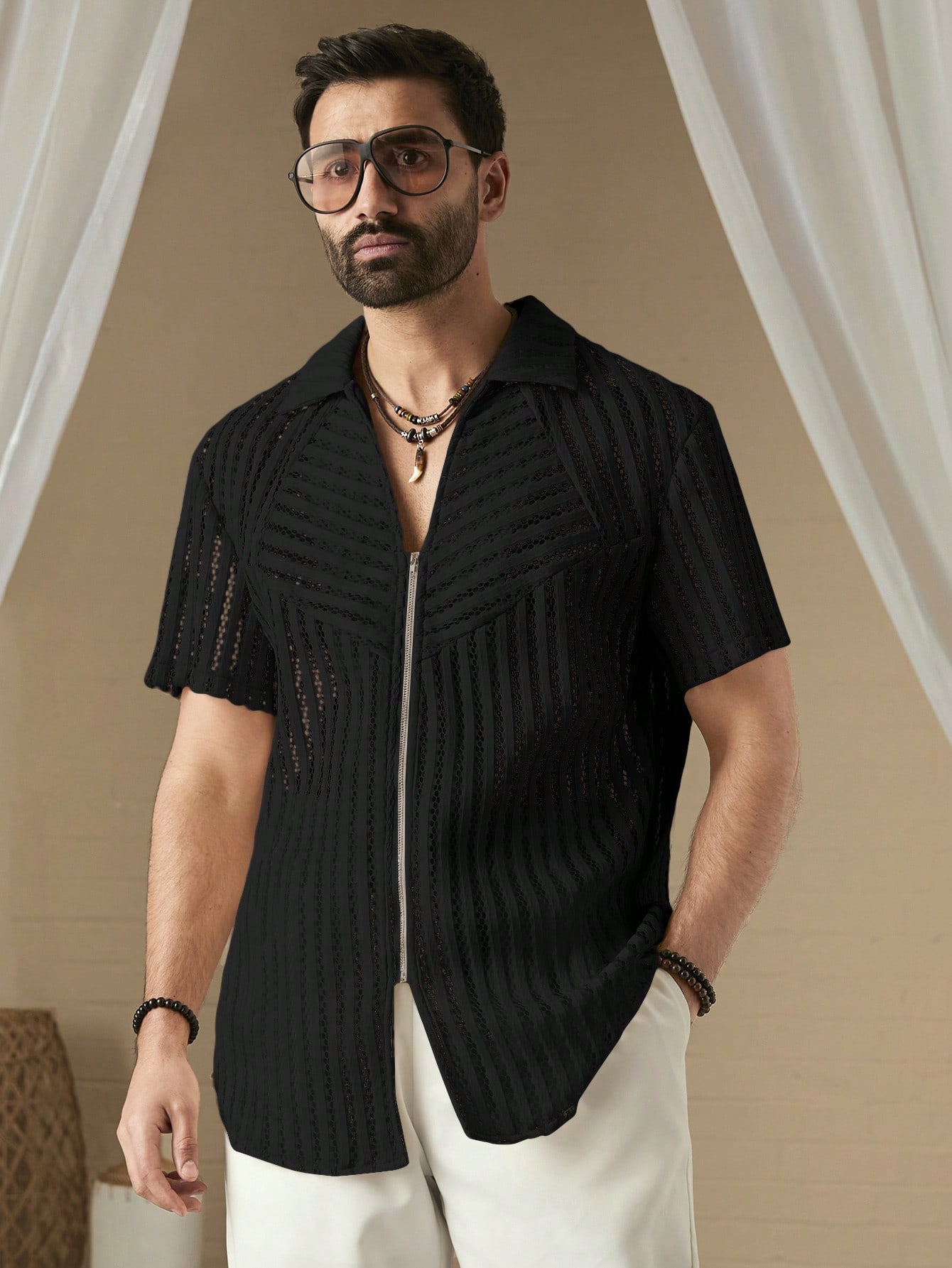 Manfinity KASUA Men??s Summer Solid Color Zip-Up Casual Short Sleeve Shirt - Image 3