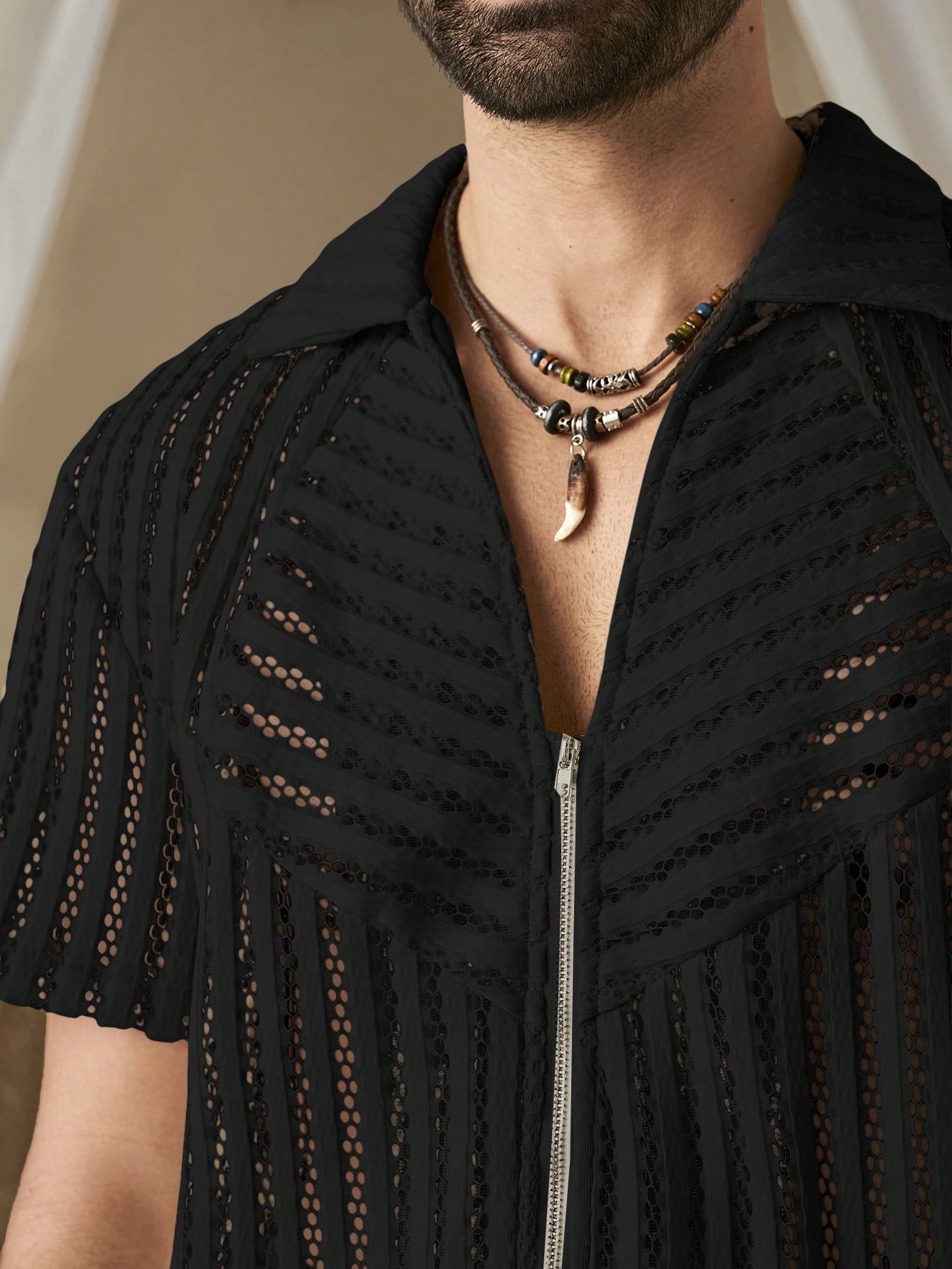 Manfinity KASUA Men??s Summer Solid Color Zip-Up Casual Short Sleeve Shirt - Image 4