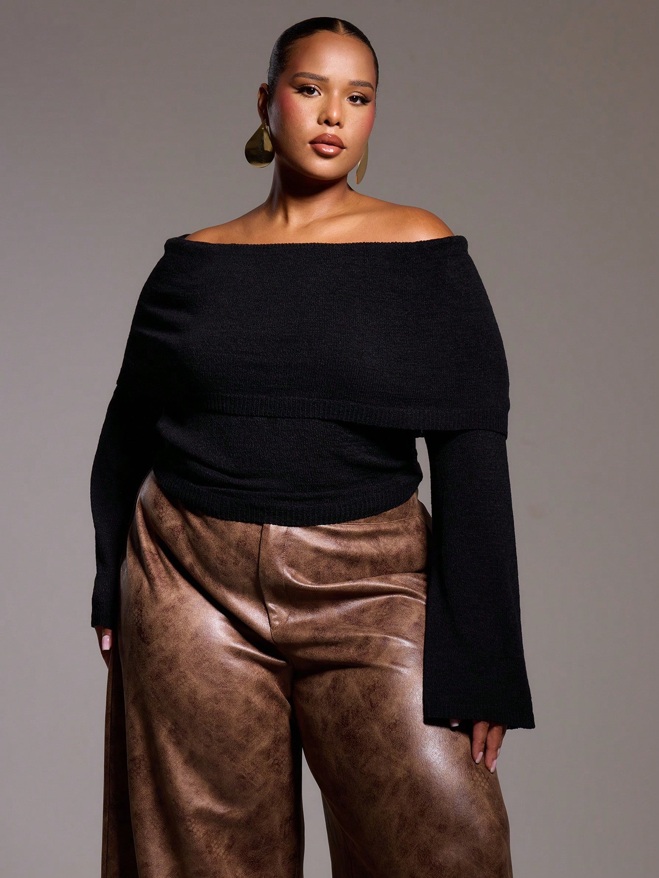 MUSERA Plus Size Knitted Off The Shoulder Bardot Long Sleeve Jumper - Image 1