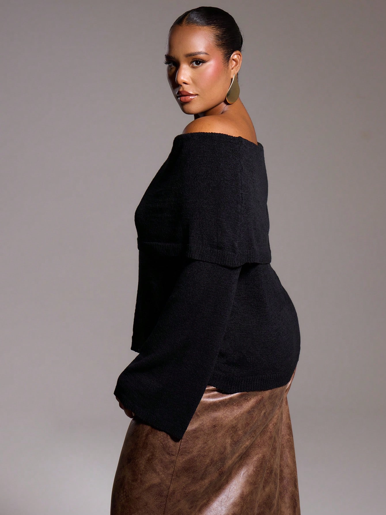 MUSERA Plus Size Knitted Off The Shoulder Bardot Long Sleeve Jumper - Image 2