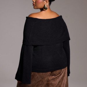 MUSERA Plus Size Knitted Off The Shoulder Bardot Long Sleeve Jumper - Image 3