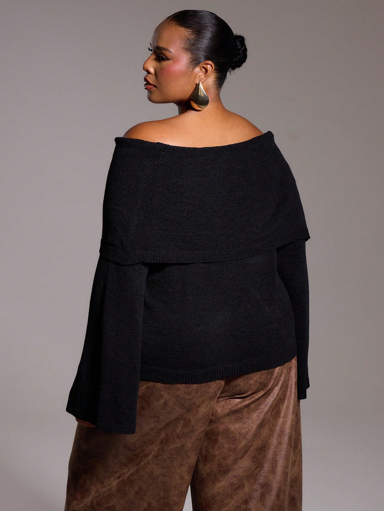 MUSERA Plus Size Knitted Off The Shoulder Bardot Long Sleeve Jumper - Image 3