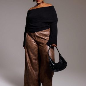 MUSERA Plus Size Knitted Off The Shoulder Bardot Long Sleeve Jumper - Image 4