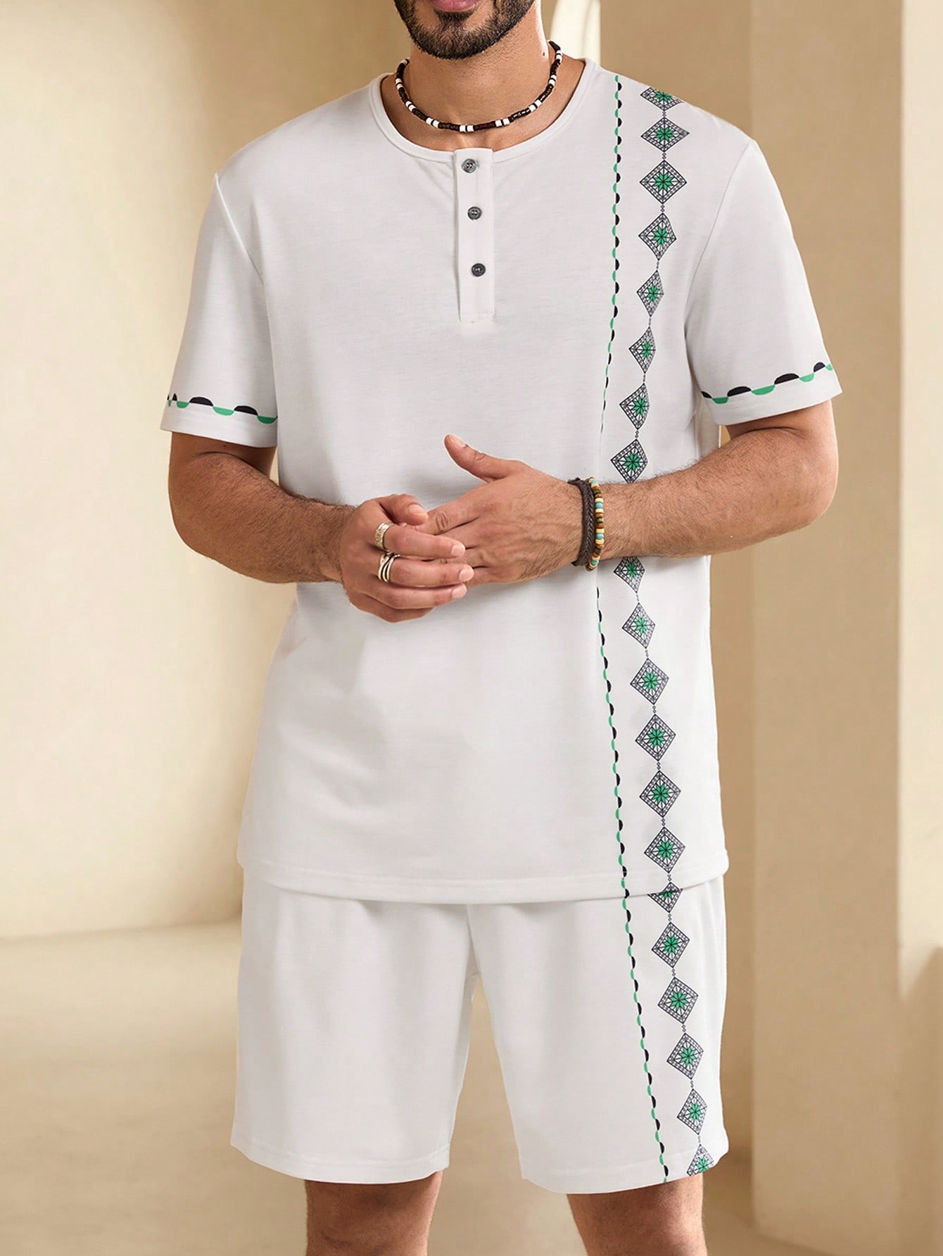 Manfinity KASUA Men Summer Vacation Geometric Printed Round Neck Short Sleeve Casual T-Shirt And Drawstring Waist Shorts Set - Image 1