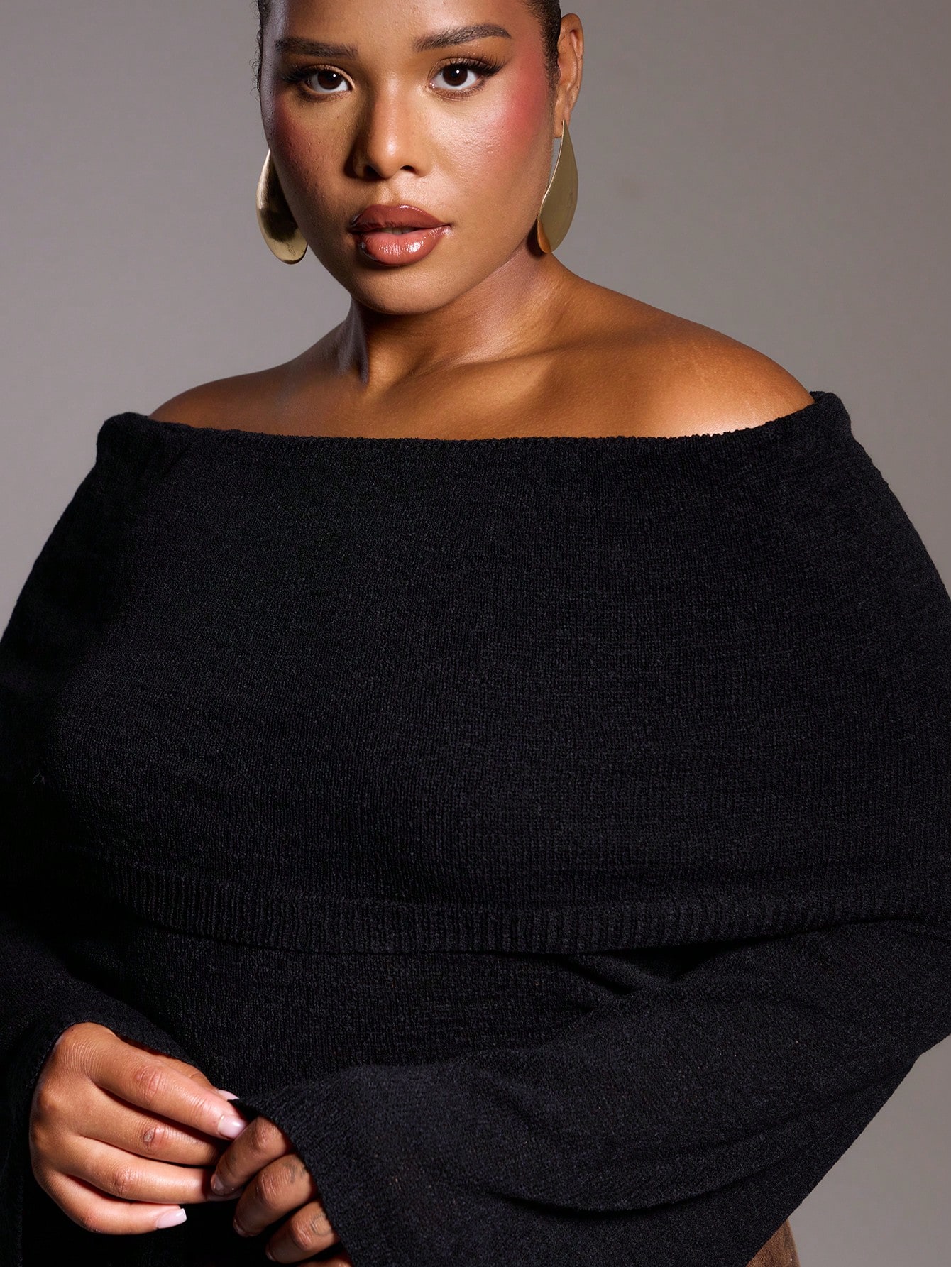 MUSERA Plus Size Knitted Off The Shoulder Bardot Long Sleeve Jumper - Image 5