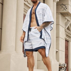 Manfinity KASUA 2pcs Men??s Solid Color Patchwork Batwing Sleeve Top And Front Tie Shorts Set, Casual Outfit