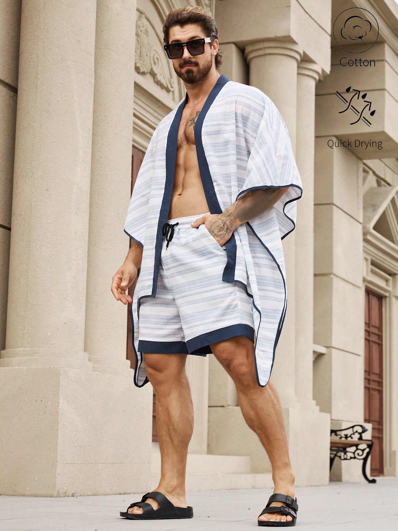 Manfinity KASUA 2pcs Men??s Solid Color Patchwork Batwing Sleeve Top And Front Tie Shorts Set, Casual Outfit - Image 1