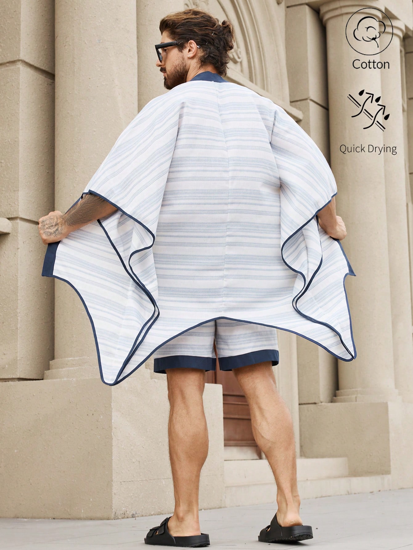 Manfinity KASUA 2pcs Men??s Solid Color Patchwork Batwing Sleeve Top And Front Tie Shorts Set, Casual Outfit - Image 2