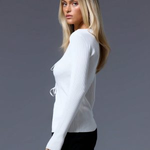 MUSERA Cutout Tie Front Long Sleeve Sweater - Image 2