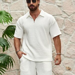 Manfinity KASUA Men??s Textured Zipper Half Placket Short Sleeve T-Shirt And Shorts - Image 3