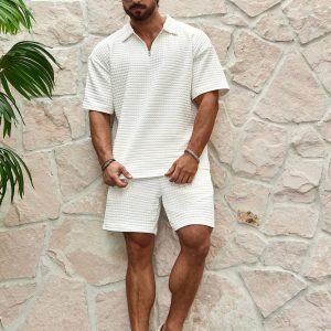 Manfinity KASUA Men??s Textured Zipper Half Placket Short Sleeve T-Shirt And Shorts - Image 5
