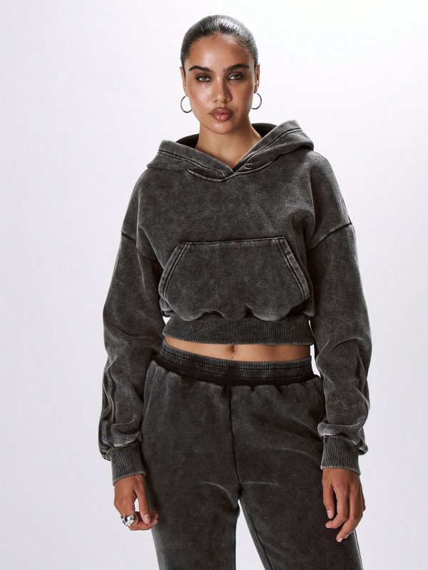 MUSERA Cropped Hooded Acid Wash Sweatshirt