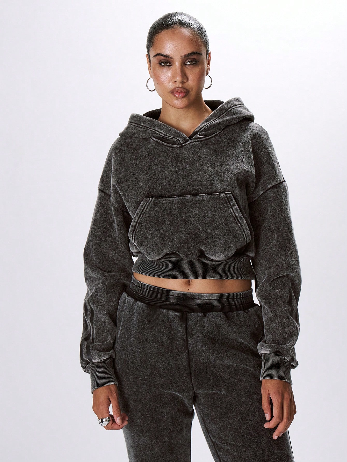 MUSERA Cropped Hooded Acid Wash Sweatshirt - Image 1