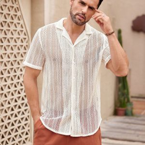 Manfinity KASUA Men??s Solid Color Hollow Out Short SleeveCollar Shirt - Image 3