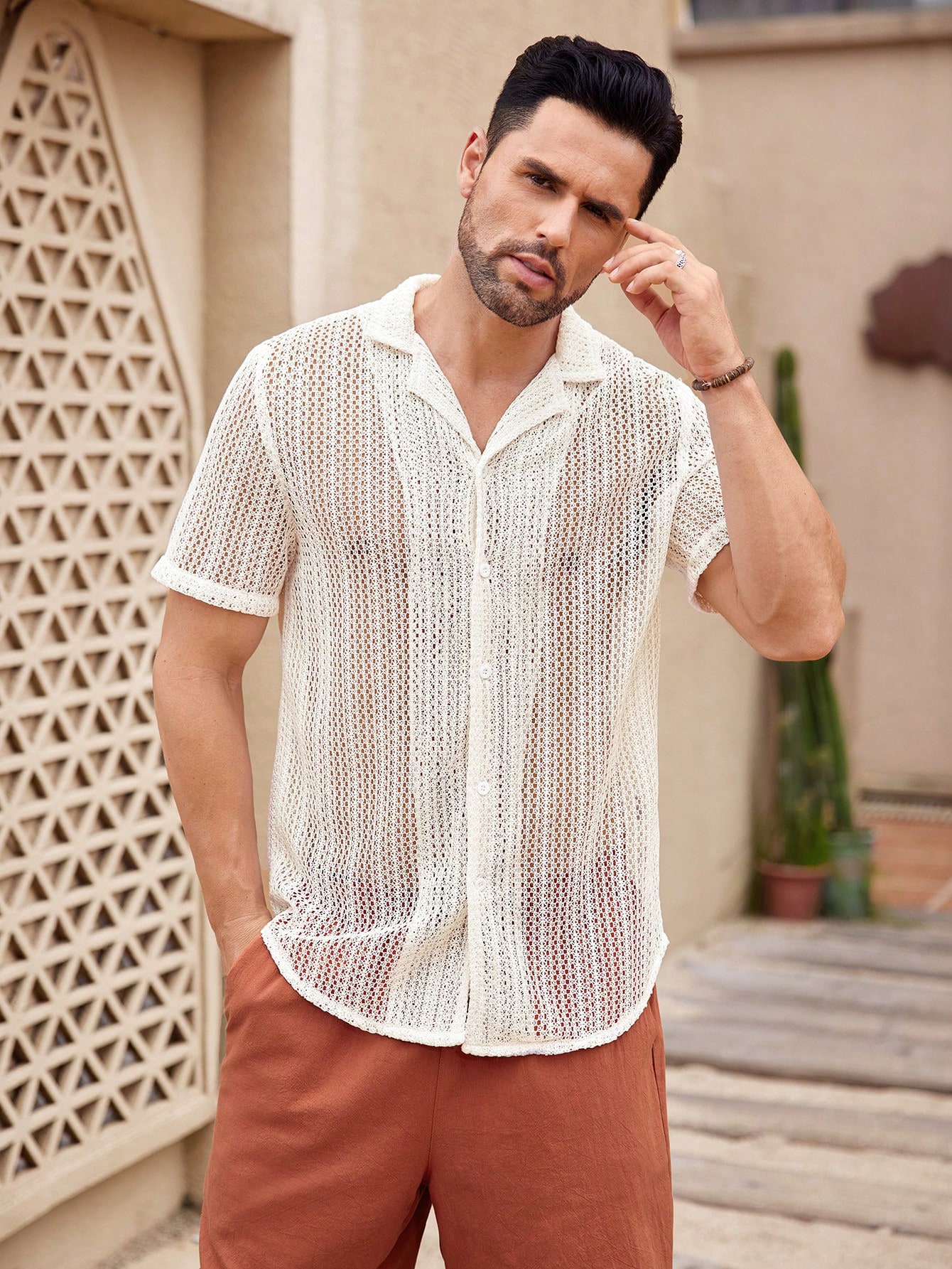 Manfinity KASUA Men??s Solid Color Hollow Out Short SleeveCollar Shirt - Image 3